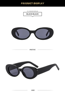 Front and side view of classic retro oval sunglasses with polished black frames