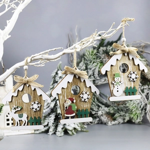 Christmas Wooden House Hanging Ornaments Santa Snowman Reindeer For Tree Decoration Cartoon Laser Cut Wood Craft