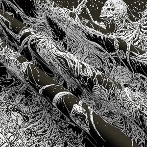 Macro shot of black and white skull tapestry fabric showing intricate woven texture