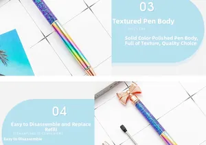 Detail of purple glitter pen with rose gold bow and iridescent rainbow metal tip