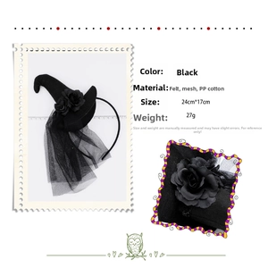 Detail view of lace witch hat headband with black mesh roses and festive veil decoration