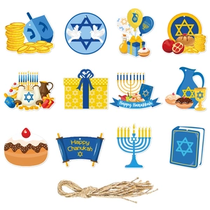 Hanukkah party hanging tags with Menorah and Star of David designs on white background