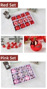 Detailed view of red and pink Christmas ball ornaments with glitter and matte finishes