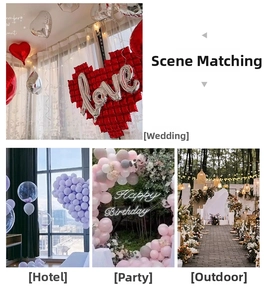 Wedding and party decor set with red heart balloons and neon Happy Birthday light sign