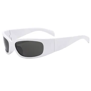 Futuristic white wrap-around Y2K sports sunglasses with dark grey lenses for outdoor cycling