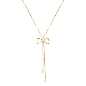 Elegant gold S925 silver bow necklace with tassels and sparkling zircon stones