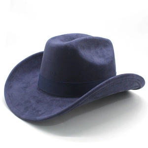 Detail of navy blue suede cowboy hat with grosgrain ribbon trim and upturned brim