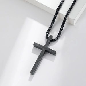 Minimalist matte black stainless steel cross necklace pendant with industrial sandblasted finish