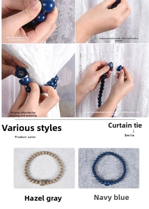 Detail of wooden beaded magnetic curtain tieback showing secure clasp and braiding