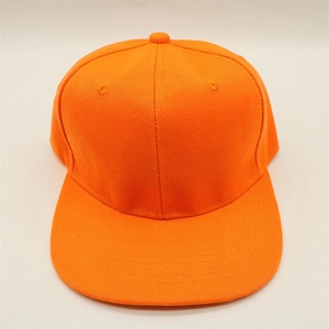 Bright orange twill cotton six-panel flat brim hip-hop baseball cap on grey background