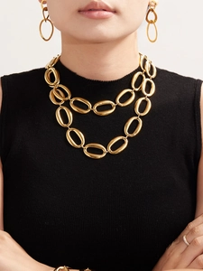 Detail of 24K gold-plated double-layer oval link chain necklace and matching earrings
