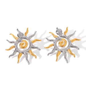 Detailed shot of two-tone stainless steel sun earrings with spiral sunburst texture