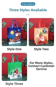 Three festive Christmas non-woven gift bags with Santa, snowman, and reindeer sled designs