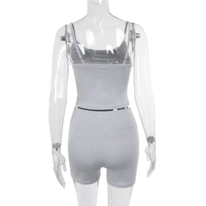 Back view of grey ribbed knit square neck tank top and high waisted shorts set