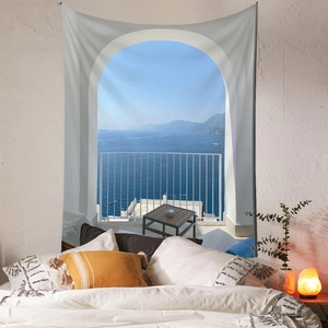 Detail of Mediterranean sea view tapestry featuring a white arch and blue ocean scenery