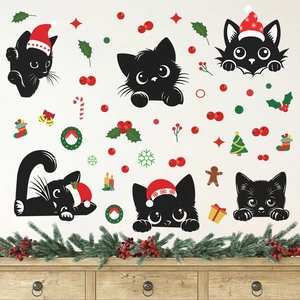 Christmas wall stickers featuring black cats and festive holiday ornaments for window decor