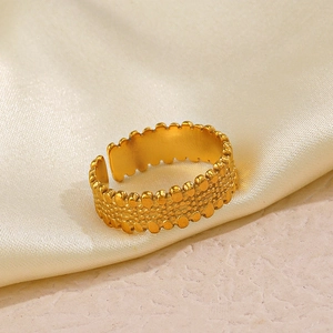 Stainless Steel Geometric Beaded Texture Open Adjustable Ring Gold Plated Minimalist Hip Hop Fashion Jewelry For Women