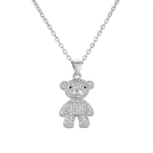 Silver bear pendant necklace with sparkling diamonds on a clean white background