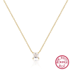 Elegant 925 sterling silver gold necklace with a square cubic zirconia pendant