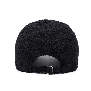 Winter black lamb wool baseball cap with adjustable silver metal buckle back view