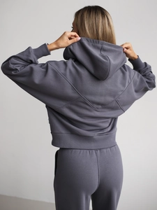 Back view of dark grey slim fit hooded tracksuit set with high waist straight pants
