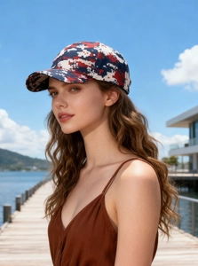 Close-up of baseball cap with red, white and blue digital camo print on a beach boardwalk