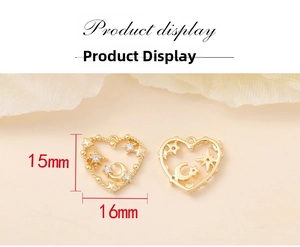 Detail showing 16mm gold heart pendant with moon star pattern and zircon inlay
