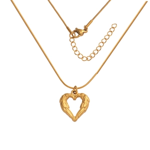 Golden heart wing pendant necklace with delicate snake chain and lobster clasp on white background