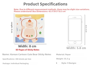 Detailed 8x8cm size comparison for cute cartoon bear notepad showing 80 sheets