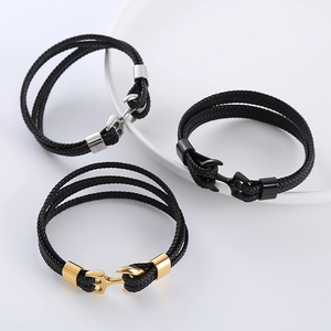 Bracciale da uomo con ancora in pelle intrecciata nei colori argento, oro e nero