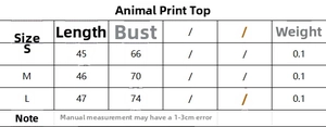 Size chart for animal print top with measurements for S, M, L including bust and length