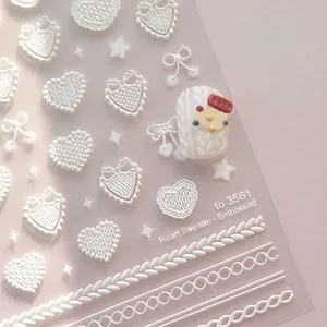 Stickers ongles 3D blanc avec motifs de tricot en relief et flocons de neige pour l'hiver
