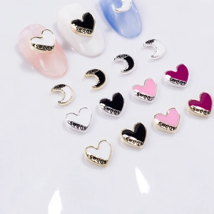 Silver heart and moon metal nail art charms with colorful enamel for manicure decoration