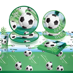 Soccer theme party supplies set with Game Day plates, cups, and football tablecloth