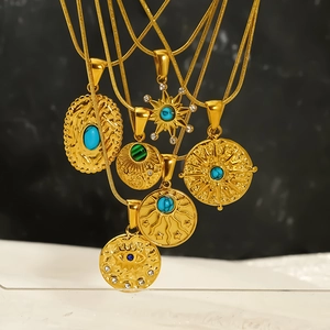Set of 6 vintage titanium steel evil eye necklaces with turquoise pendants in gold finish