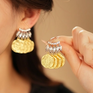 French Vintage Medallion Coin Dangle Earrings Alloy Rhinestone With 925 Sterling Silver Earring Post Retro Chic Women