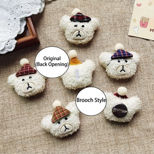 Plush teddy bear charm with checkered hats in open back and brooch pin styles