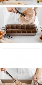 Detail of pouring batter into a non-stick 18-cavity brownie pan with dividers