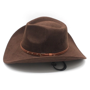 Close-up of brown faux suede cowboy hat with buckled leather band and wind rope detail