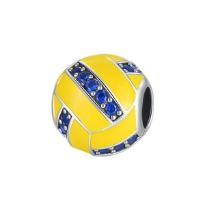 Silver-plated basketball sports charm with yellow and blue zircon stones for DIY jewelry