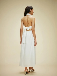 Chic white halter neck backless maxi dress with stylish bow tie back for women