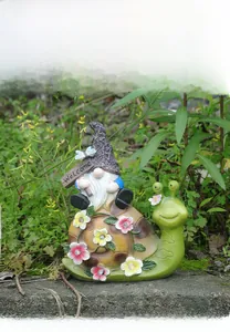 Garden snail and gnome resin statue with LED flowers and Welcome sign for outdoors