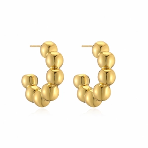 Polished gold beaded C-shape earrings with a minimalist metallic sphere design