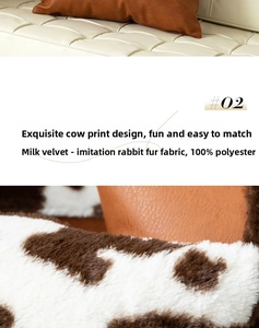 Close-up of soft cow print faux rabbit fur fabric and brown leather pillow cover texture