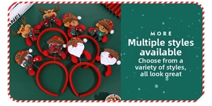 Detailed close-up of Christmas headbands with plush reindeer and Santa figures