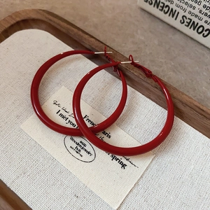 Macro shot of large red hoop earrings with silver needles on a decorative card