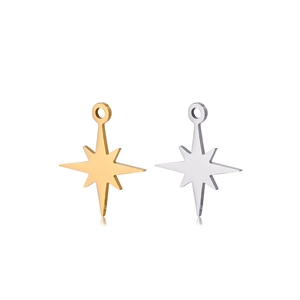 Polished stainless steel eight-pointed star charms in gold and silver finish with rings