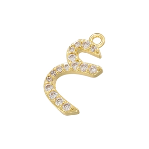 Detailed view of gold plated Arabic letter Meem pendant set with sparkling zircon stones