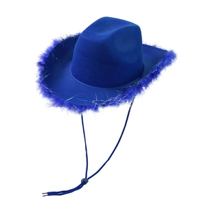 Navy blue western cowboy hat with blue glitter feather trim and adjustable chin strap