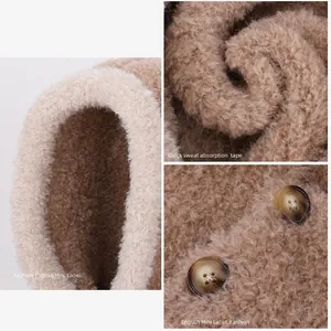 Winter plush Balaclava hat with warm fleece lining and decorative buttons in camel color